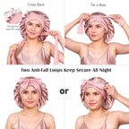 100% 22 Momme Mulberry Silk Bonnet for Sleeping Women, Larger Double Layer Silk Hair Wrap for Curly Short Long Hair, Non-Slip Sleep Cap Turban with Elastic Tie Band for Hair Care, Pink