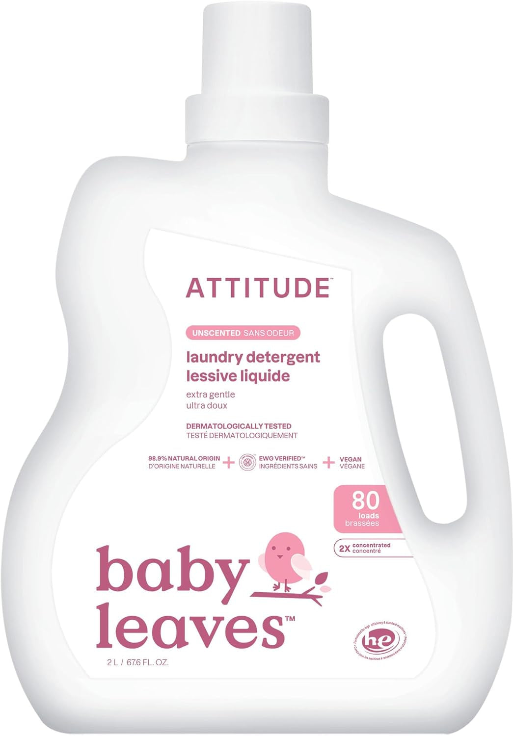 Baby Laundry Detergent Liquid, EWG Verified, Safe for Baby Clothes, Infant and Newborn, Vegan and Naturally Derived Washing Soap, HE Compatible, Unscented, 80 Loads, 67.6 Fl Oz