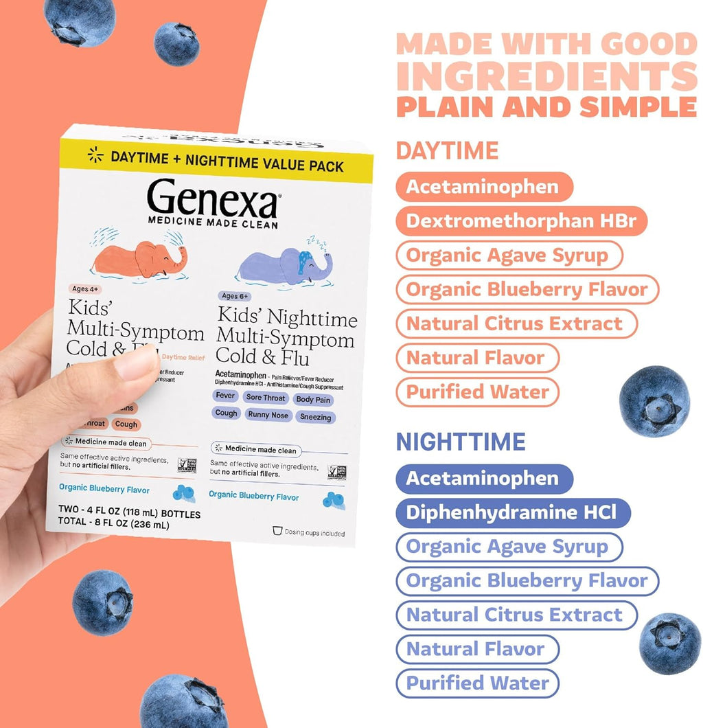 Kids' Clean Cold & Flu Relief Day/Night Multi-Symptom, Dye Free, 0% Artificial Additives, Children'S Liquid Pain, Fever & Cough Medicine, Ages 4-11, Organic Blueberry Flavor, 8 Fl Oz (2 Pack)