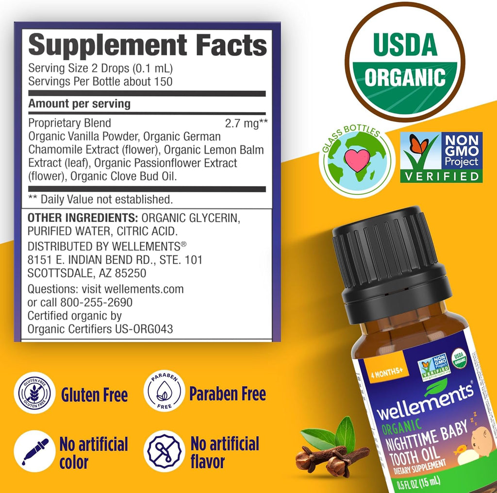 Organic Nighttime Baby Tooth Oil for 4 Months+ (0.5 Fl Oz) - Baby Teething Relief Oil* for Soothing & Massage for Tiny Gums* - Organic Blend of Essential Oils & Sleepy Time Herbs*