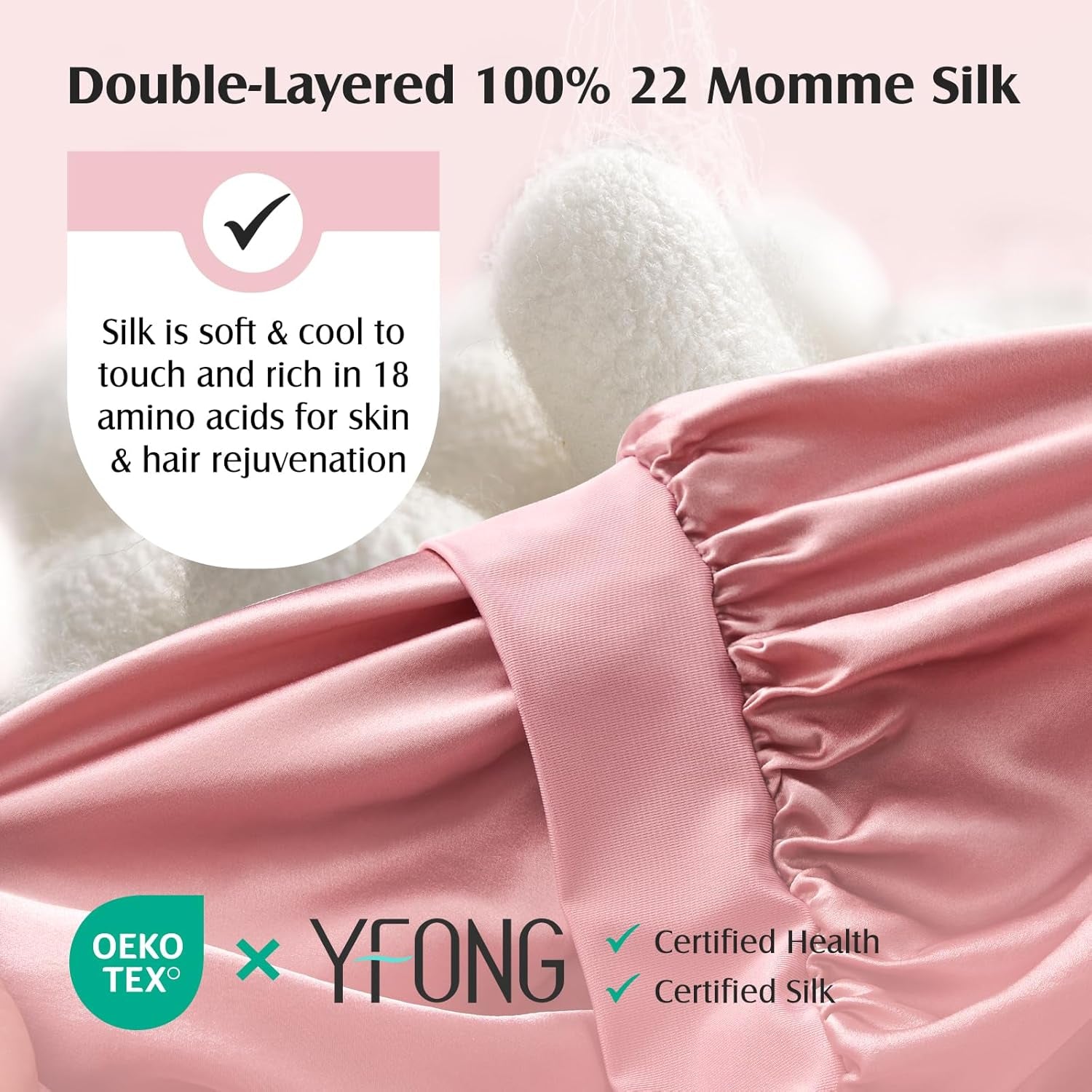 100% 22 Momme Mulberry Silk Bonnet for Sleeping Women, Larger Double Layer Silk Hair Wrap for Curly Short Long Hair, Non-Slip Sleep Cap Turban with Elastic Tie Band for Hair Care, Pink