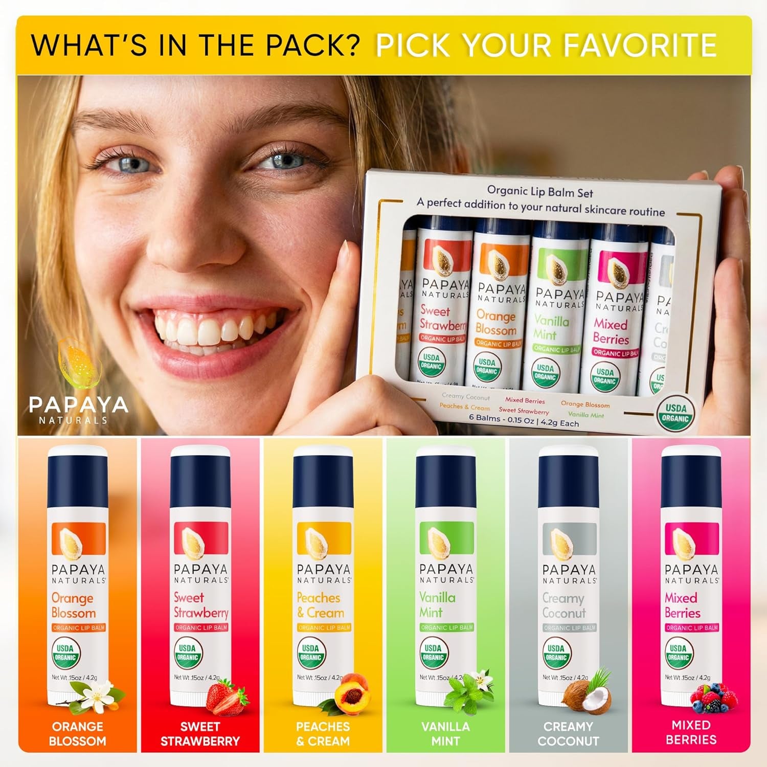 USDA Organic Lip Balm Set, 6 Pack – Organic Beeswax, Cocoa Butter & Vitamin E Lip Balm for Dry Lips – Moisturizing Natural Lip Care with Assorted Fruit Flavors