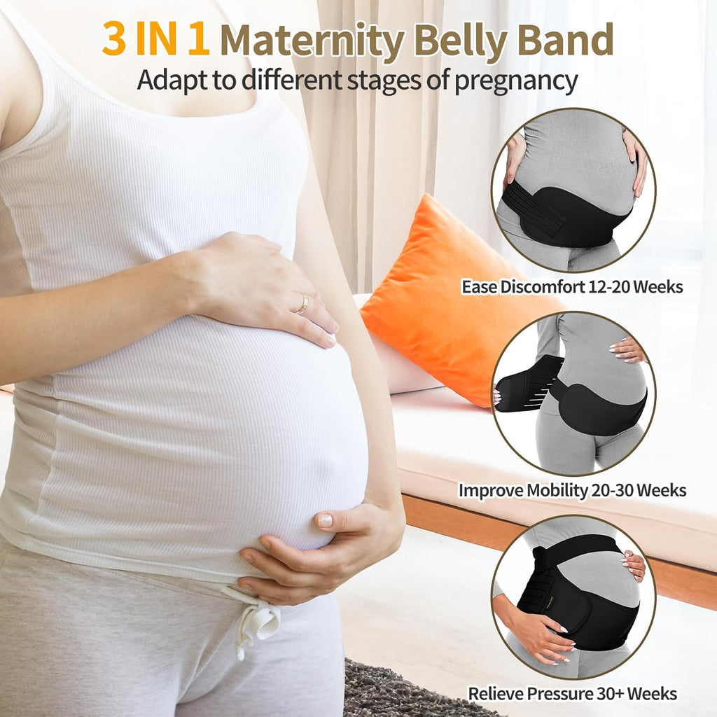 Maternity Belt, Pregnancy 3 in 1 Support Belt for Back/Pelvic/Hip Pain, Maternity Band Belly Support for Pregnancy Belly Support Band (M: Fit Ab 35.5"-47.3", Black)