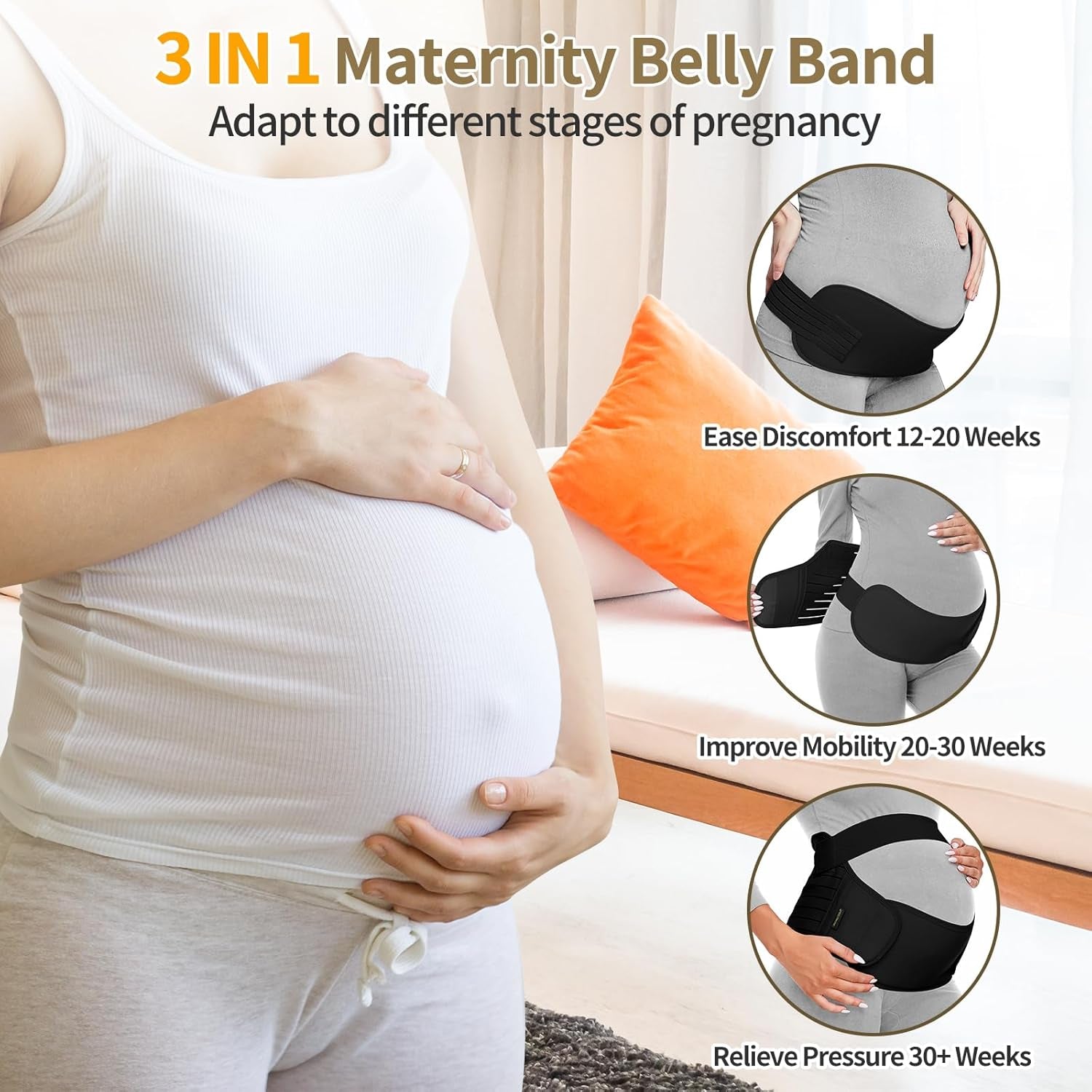 Maternity Belt, Pregnancy 3 in 1 Support Belt for Back/Pelvic/Hip Pain, Maternity Band Belly Support for Pregnancy Belly Support Band (M: Fit Ab 35.5"-47.3", Black)
