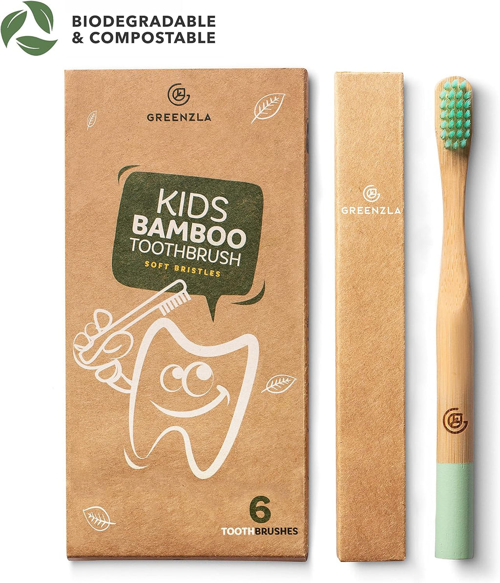 Kids Bamboo Toothbrushes, Natural Toothbrush Set, Soft Bristles, Durable Charcoal Wooden Brushes, Compostable Design for Toddlers and Children, 6 Pack