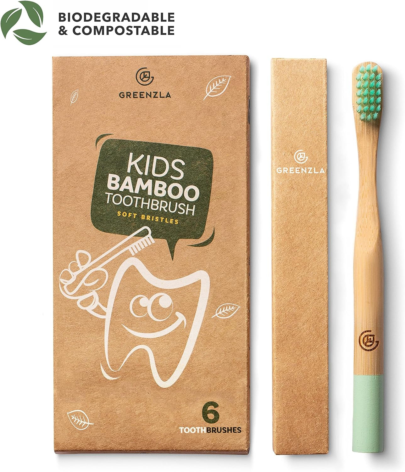 Kids Bamboo Toothbrushes, Natural Toothbrush Set, Soft Bristles, Durable Charcoal Wooden Brushes, Compostable Design for Toddlers and Children, 6 Pack