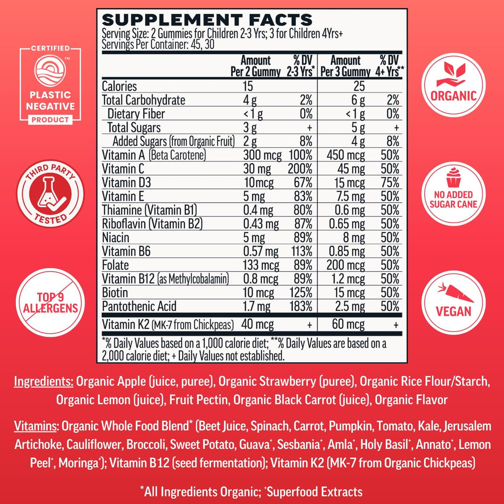 Kids Multivitamin Gummies | Real Fruit, No Added Sugar Cane | Organic Vegan Toddler Whole Food Vitamins | Vitamin D, C & Beta Carotene Gummy Supplement | Strawberry 90 Ct (1-2 Months)