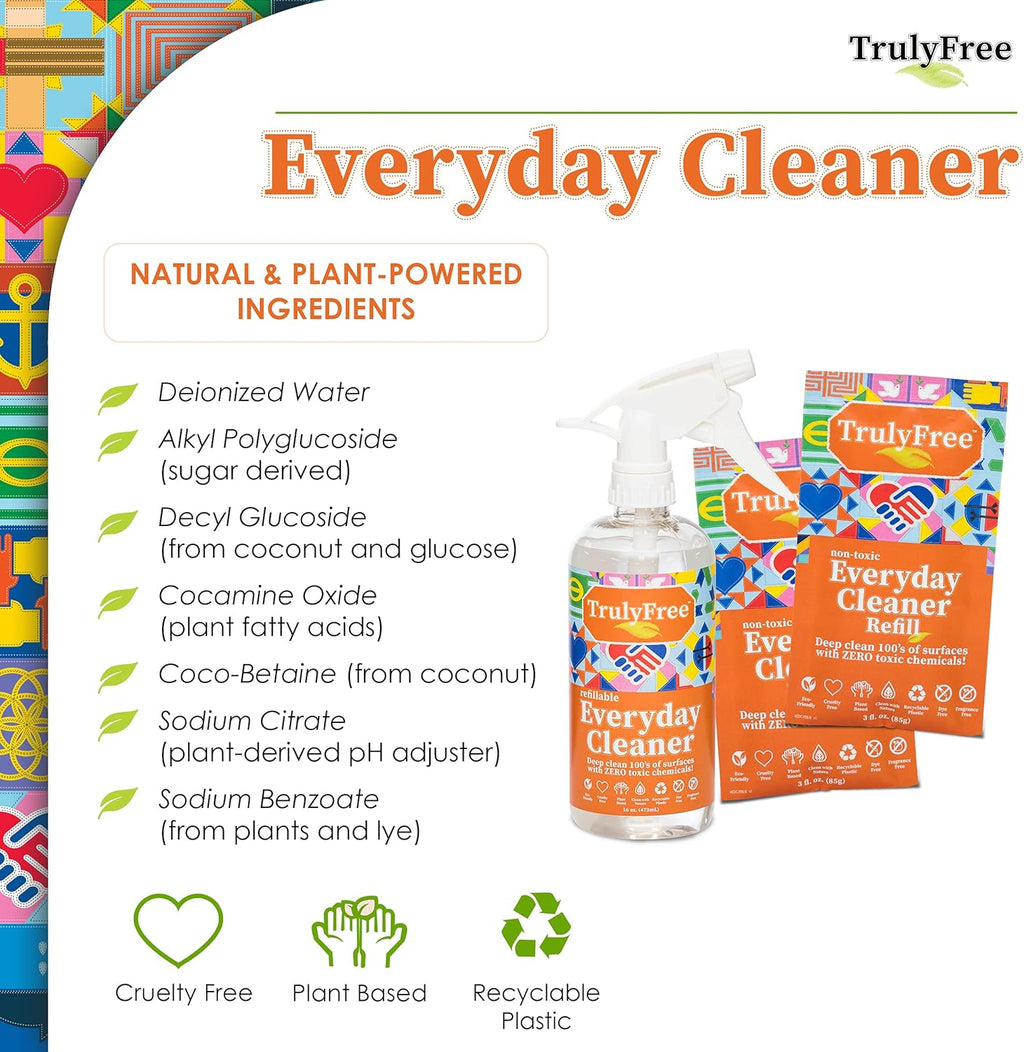 Everyday Cleaner Kit - Multipurpose Cleaner Spray, Kitchen Counter Cleaner, Natural Cleaning Products, Multi-Surface Household Solution, 16 Oz Reusable Empty Bottle + Two Fills, 3 Oz Ea.