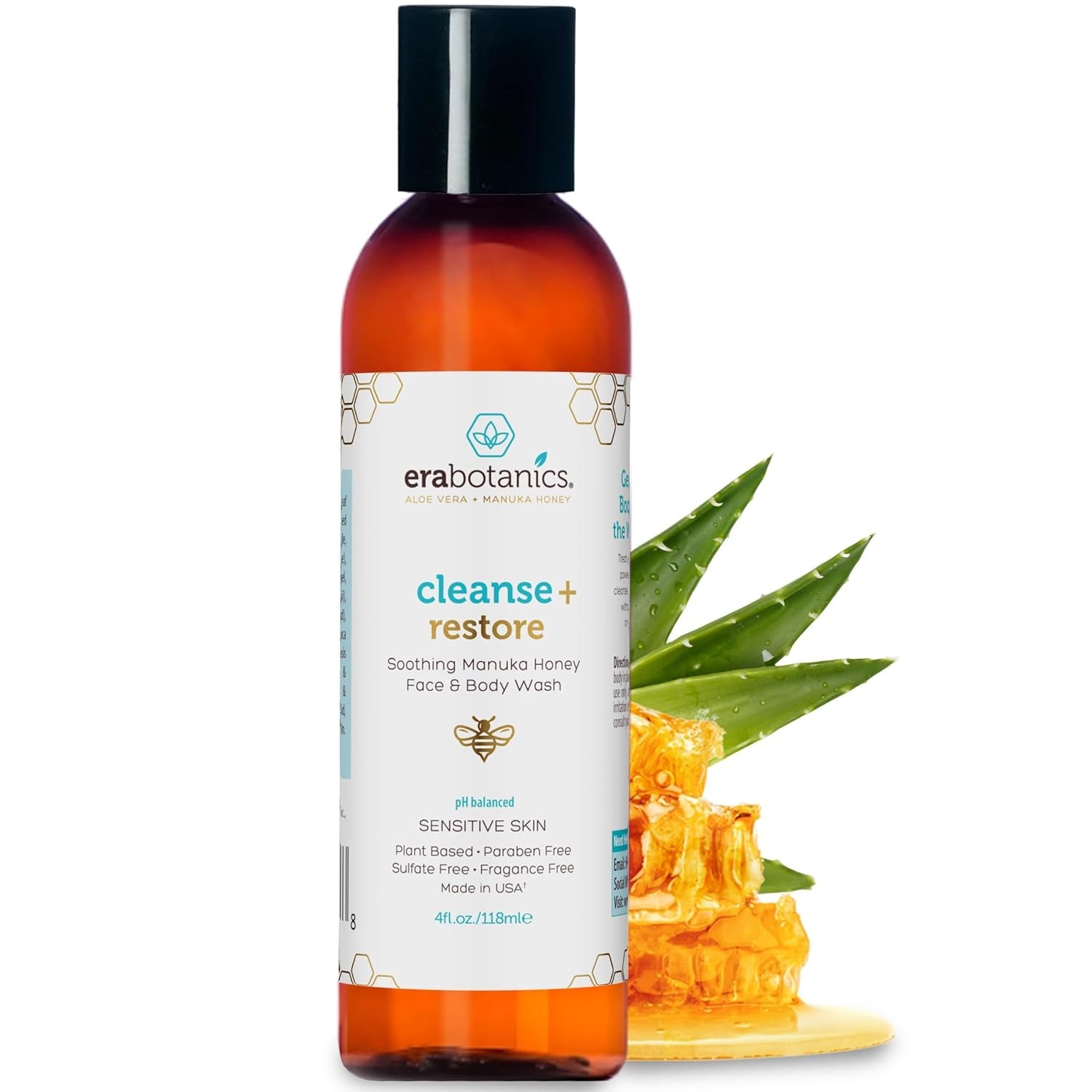 Manuka Honey Face Wash for Sensitive Skin - Sulfate Free Gentle Cleanser with Organic Aloe Vera, Hyaluronic Acid & More - Soothing & Moisturizing for Dry Skin - Made in USA (4 Oz)