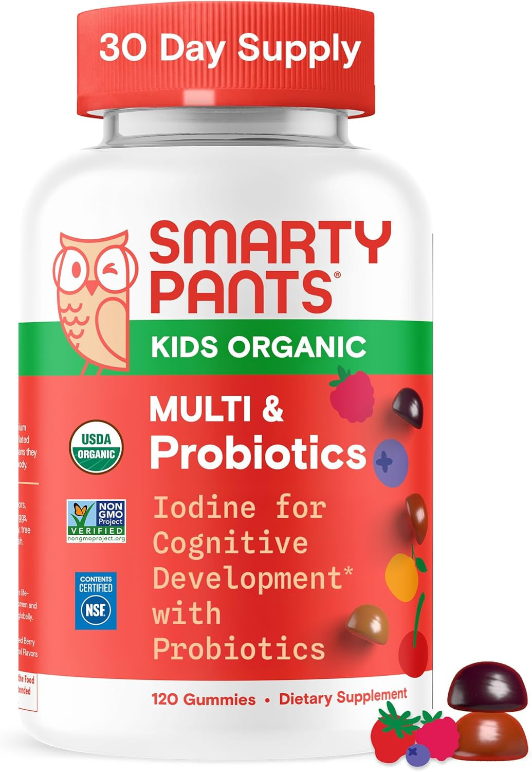Organic Kids Multivitamin Gummies: Probiotics, Omega 3 (ALA), Vitamin D3, C, Vitamin B12, B6, A, K & Zinc for Immune Support, Biotin, Three Fruit Flavors, 120 Count (30 Day Supply)
