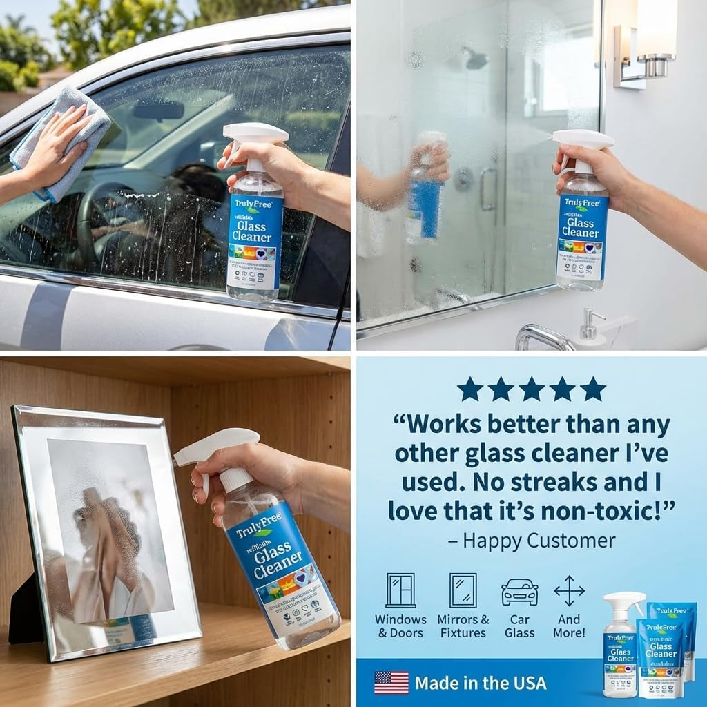 Natural Glass Cleaner Kit - Removes Dirt & Debris for Sparkling Clean Windows & Glass Surfaces at Home, Office & Garage, Includes 16 Oz Reusable Empty Bottle + Two Fills, 3 Oz Ea.