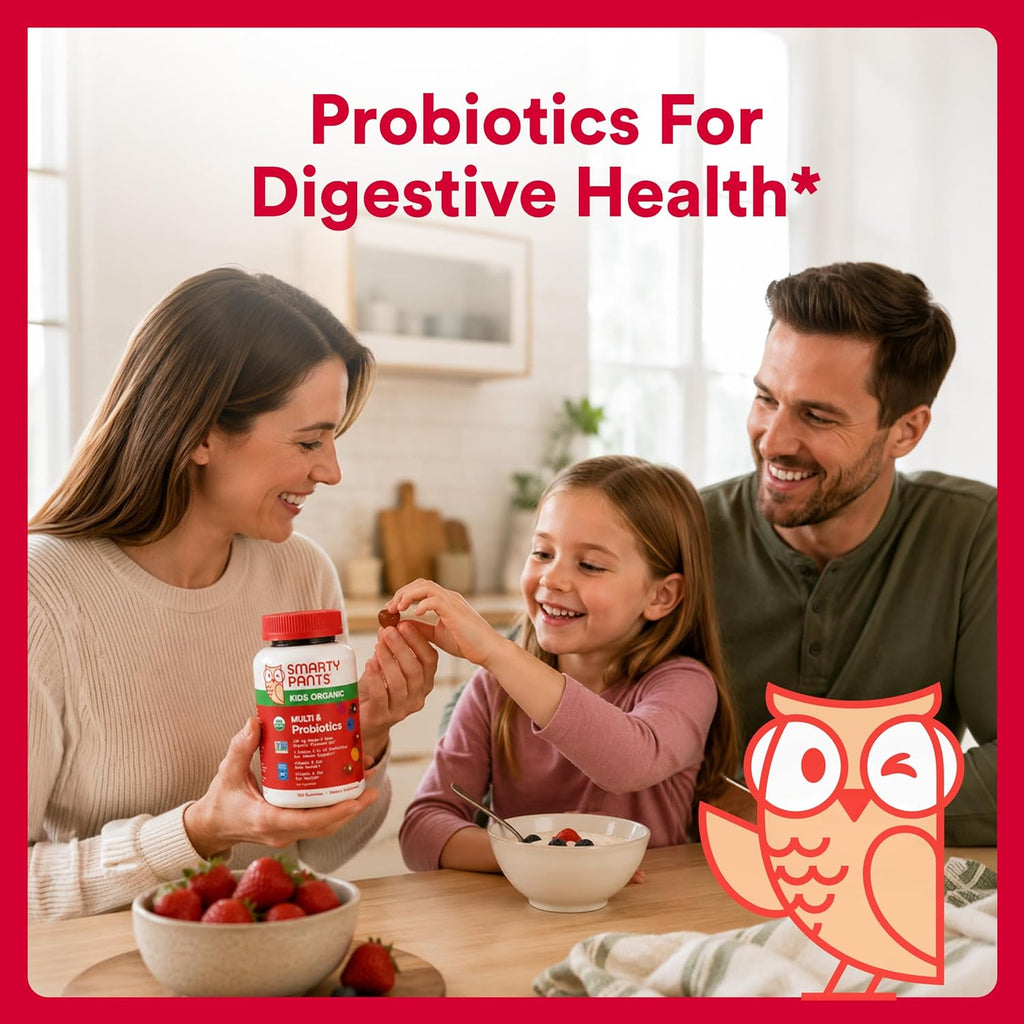 Organic Kids Multivitamin Gummies: Probiotics, Omega 3 (ALA), Vitamin D3, C, Vitamin B12, B6, A, K & Zinc for Immune Support, Biotin, Three Fruit Flavors, 120 Count (30 Day Supply)