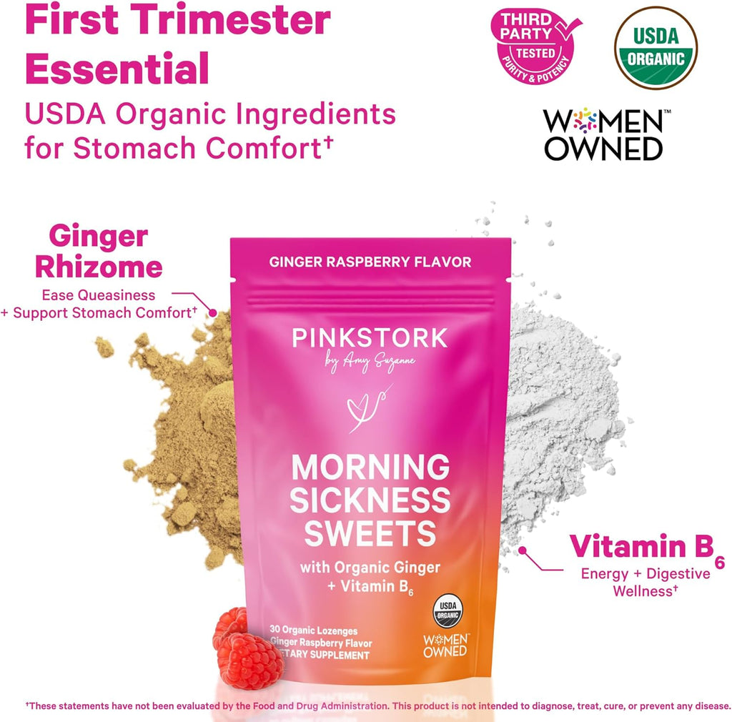 Morning Sickness Sweets, Organic Raspberry Ginger Candy with Vitamin B6, Support for Motion Sickness, Prenatal Heartburn - Pregnancy Must Haves - 30 Wrapped Drops