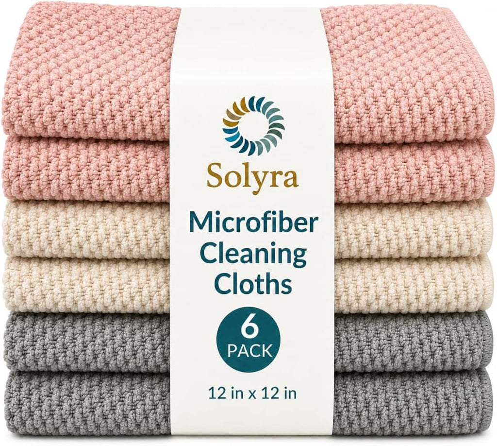 Oeko-Tex Certified Microfiber Cleaning Cloths – Non-Toxic, Safe for Family & Pets – 6 Pack Kitchen Rags for Counter – 12X12 In, Lint-Free, Absorbent Dish Towels, Dusting Cloths