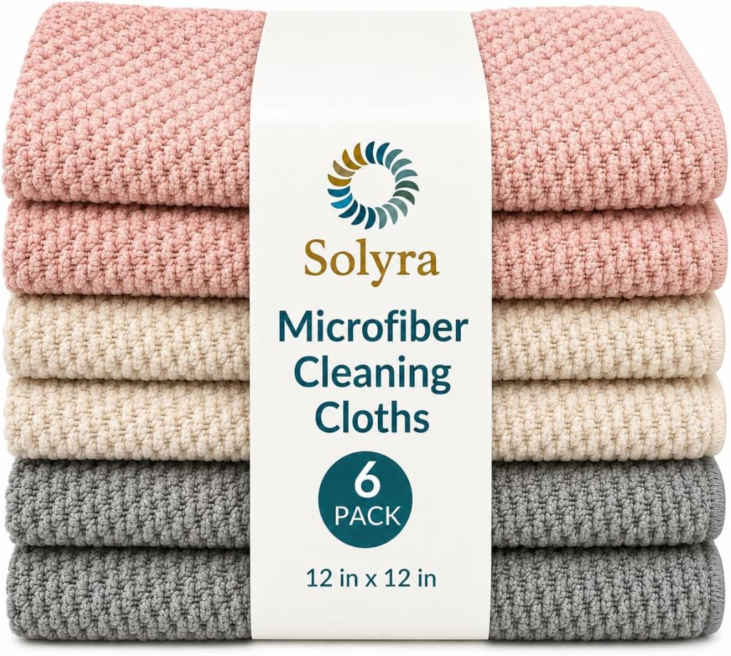Oeko-Tex Certified Microfiber Cleaning Cloths – Non-Toxic, Safe for Family & Pets – 6 Pack Kitchen Rags for Counter – 12X12 In, Lint-Free, Absorbent Dish Towels, Dusting Cloths