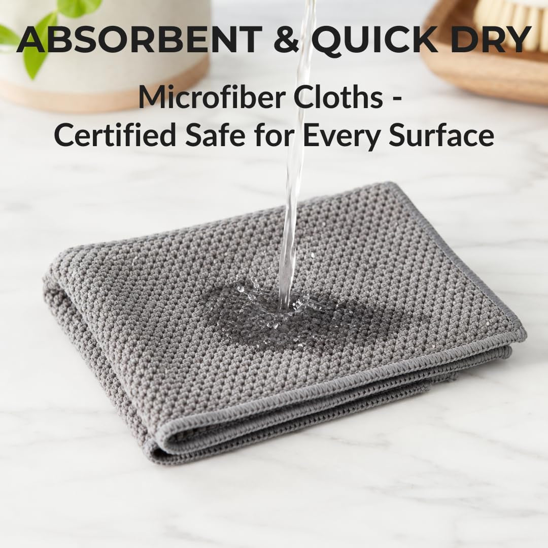 Oeko-Tex Certified Microfiber Cleaning Cloths – Non-Toxic, Safe for Family & Pets – 6 Pack Kitchen Rags for Counter – 12X12 In, Lint-Free, Absorbent Dish Towels, Dusting Cloths