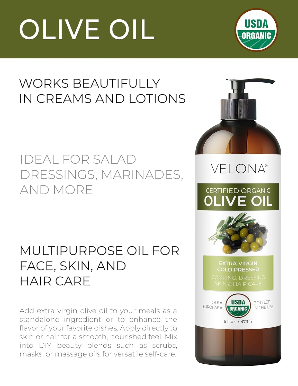 USDA Certified Organic Olive Oil - 8 Fl Oz | 100% Pure and Natural Carrier Oil | Extra Virgin, Unrefined, Cold Pressed | Cooking, Dressing, Face, Hair, Body & Skin Care | Use Today - Enjoy Results