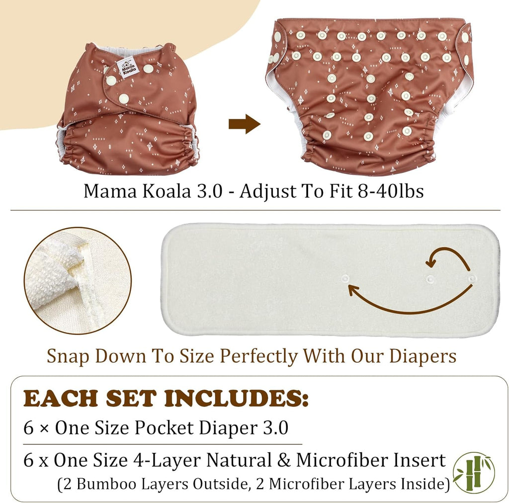 3.0 Pocket Cloth Diapers for Babies with Suede Cloth Lining, 6 Pack with 6 4-Layer Natural Diaper Inserts - Reusable and Washable Pocket Diapers (Simply Neutral)
