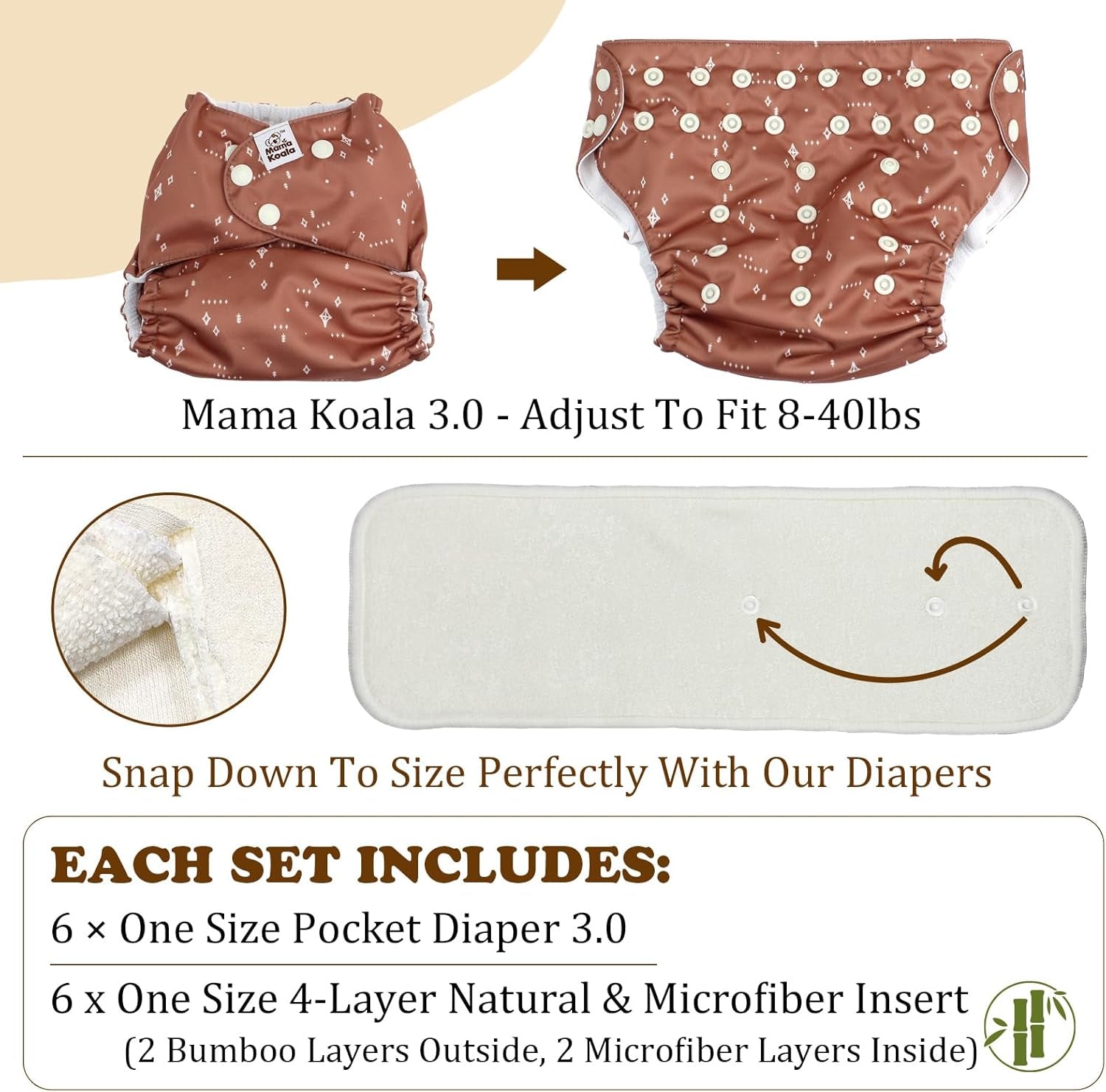 3.0 Pocket Cloth Diapers for Babies with Suede Cloth Lining, 6 Pack with 6 4-Layer Natural Diaper Inserts - Reusable and Washable Pocket Diapers (Simply Neutral)