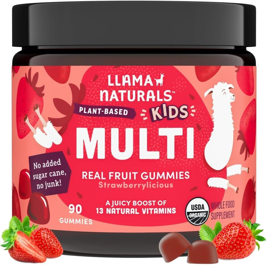 Kids Multivitamin Gummies | Real Fruit, No Added Sugar Cane | Organic Vegan Toddler Whole Food Vitamins | Vitamin D, C & Beta Carotene Gummy Supplement | Strawberry 90 Ct (1-2 Months)