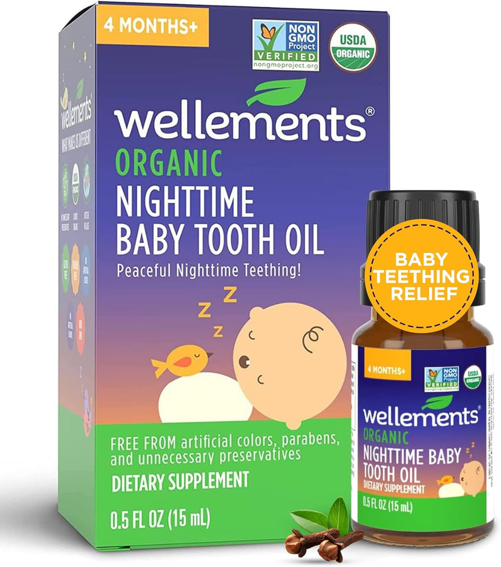 Organic Nighttime Baby Tooth Oil for 4 Months+ (0.5 Fl Oz) - Baby Teething Relief Oil* for Soothing & Massage for Tiny Gums* - Organic Blend of Essential Oils & Sleepy Time Herbs*