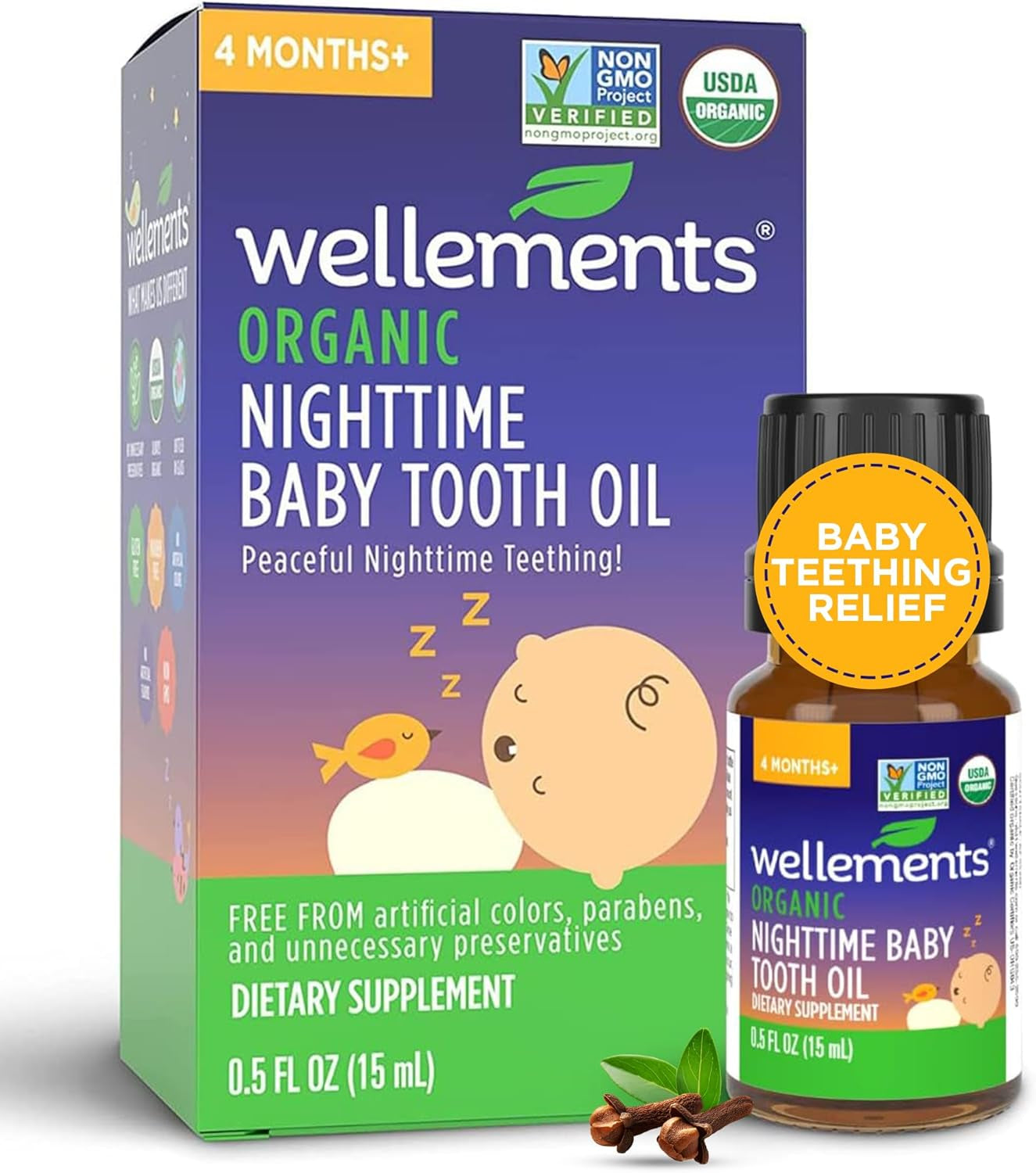 Organic Nighttime Baby Tooth Oil for 4 Months+ (0.5 Fl Oz) - Baby Teething Relief Oil* for Soothing & Massage for Tiny Gums* - Organic Blend of Essential Oils & Sleepy Time Herbs*
