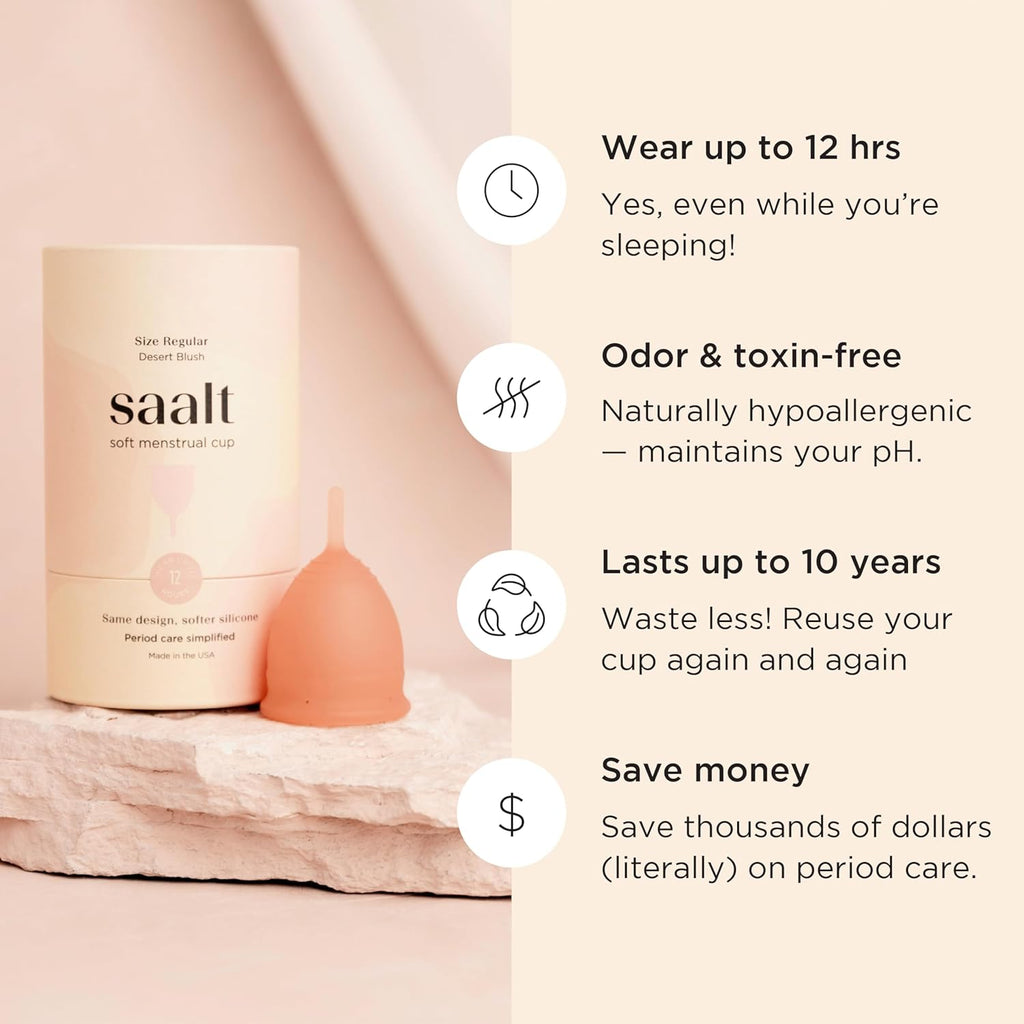 Soft Menstrual Cup – Reusable Period Cup – Made for Comfortable, Leak-Free Protection up to 12 Hours – BPA & Latex Free – Includes Cup & Carry Bag (Small, Desert Blush)