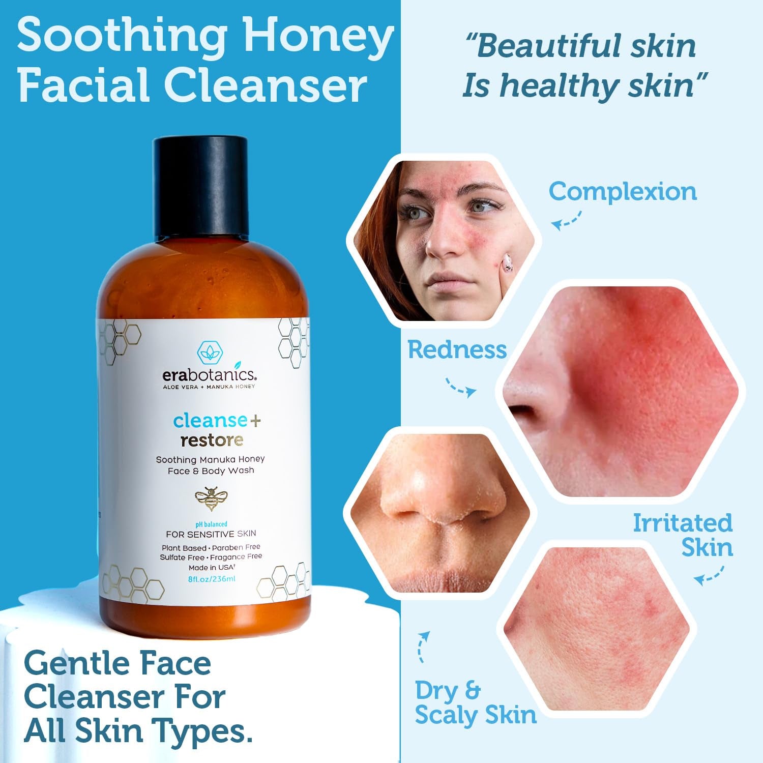 Manuka Honey Face Wash for Sensitive Skin - Sulfate Free Gentle Cleanser with Organic Aloe Vera, Hyaluronic Acid & More - Soothing & Moisturizing for Dry Skin - Made in USA (4 Oz)
