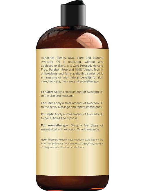 Avocado Oil - Cold-Pressed 16 Fl Oz - 100% Pure and Natural - Premium Grade Carrier Oil for Skin and Hair - Hair and Body - Massage - Hexane-Free