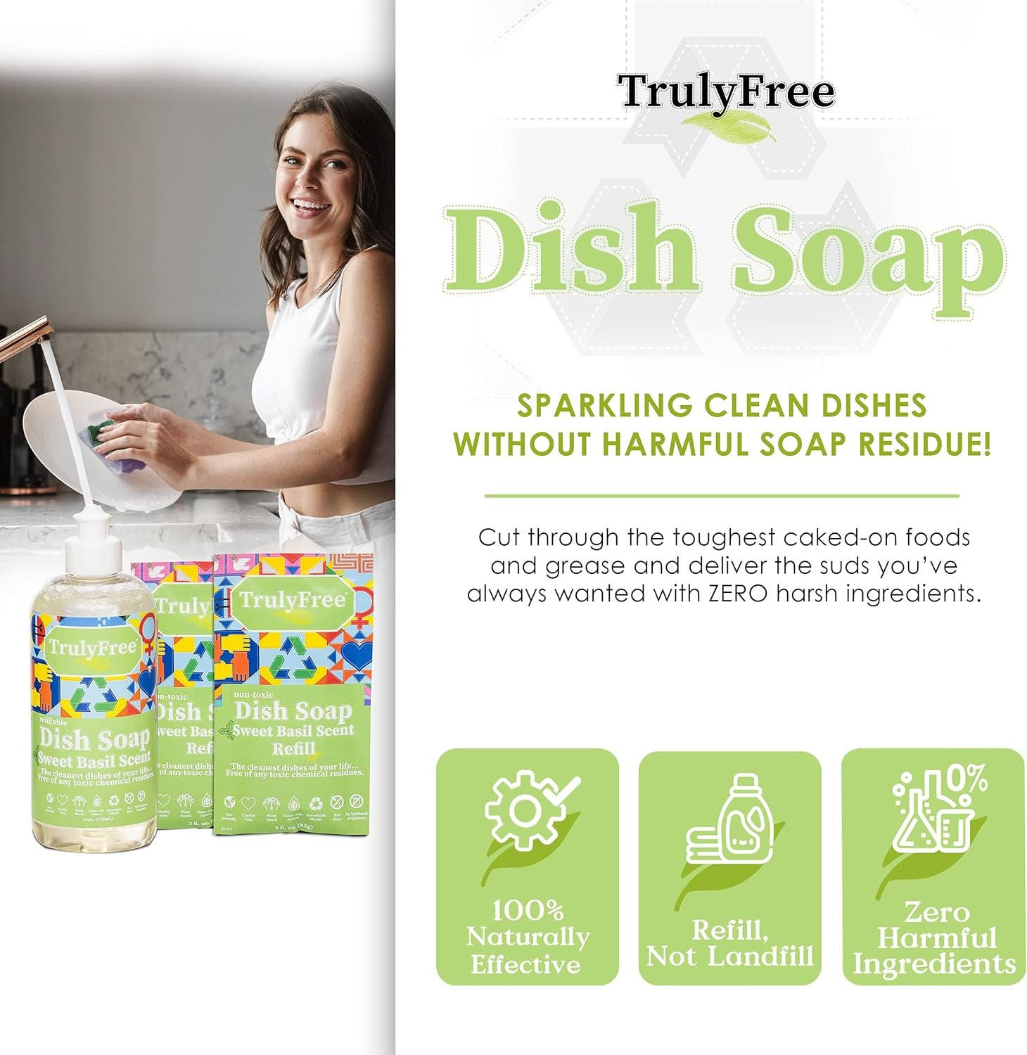 Non Toxic Dish Soap Kit | Natural Concentrated Dishwashing Liquid - Sweet Basil Scent | Organic Plant-Based | Family Safe - Eco-Friendly Formula | 16 Fl Oz