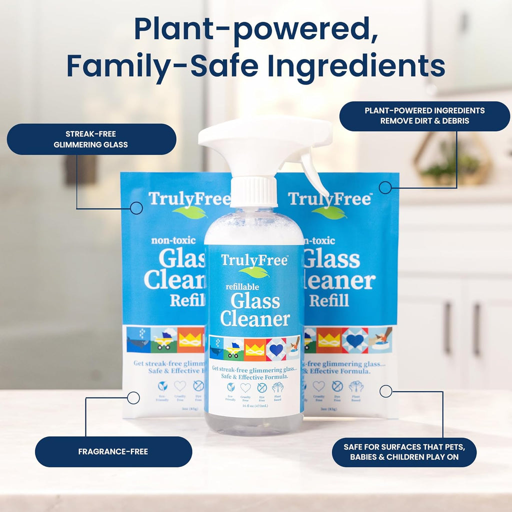 Natural Glass Cleaner Kit - Removes Dirt & Debris for Sparkling Clean Windows & Glass Surfaces at Home, Office & Garage, Includes 16 Oz Reusable Empty Bottle + Two Fills, 3 Oz Ea.