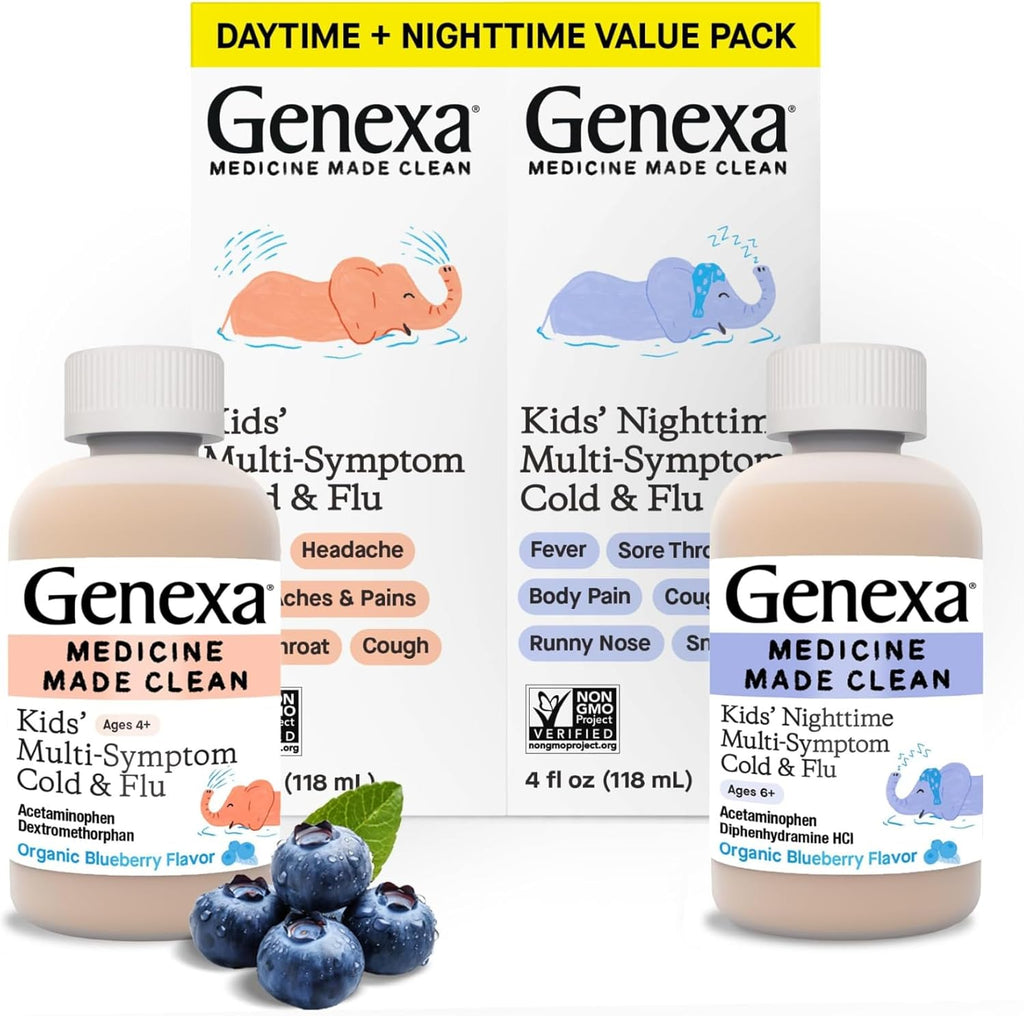 Kids' Clean Cold & Flu Relief Day/Night Multi-Symptom, Dye Free, 0% Artificial Additives, Children'S Liquid Pain, Fever & Cough Medicine, Ages 4-11, Organic Blueberry Flavor, 8 Fl Oz (2 Pack)