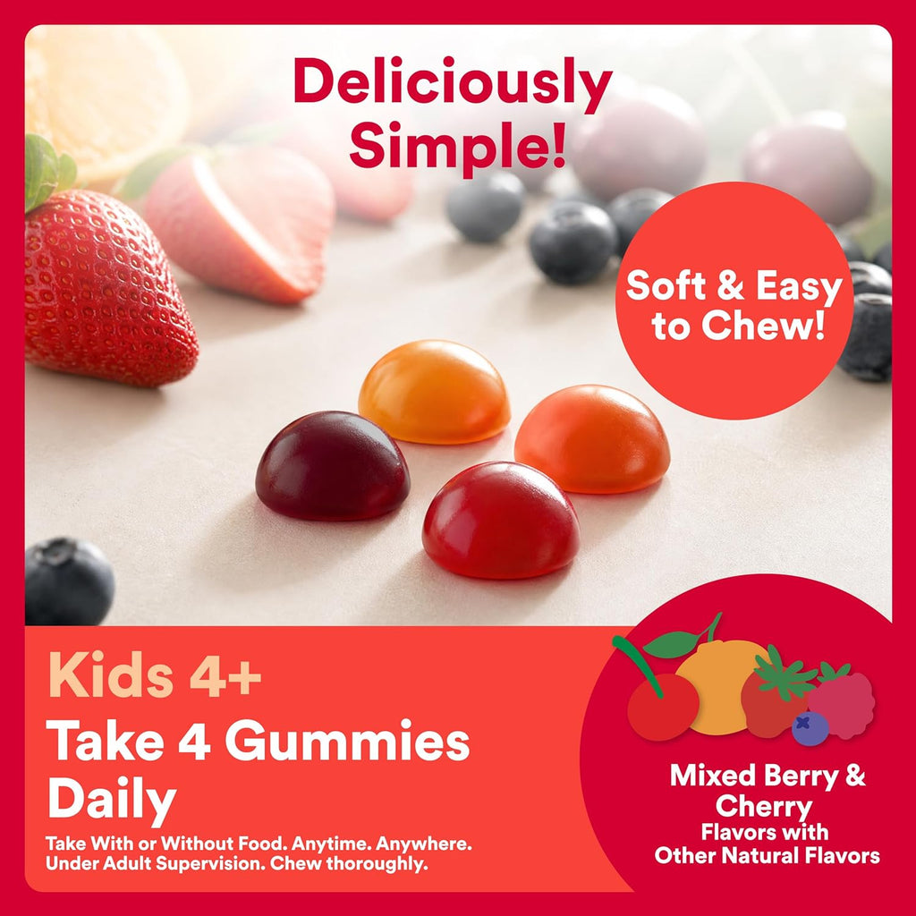 Organic Kids Multivitamin Gummies: Probiotics, Omega 3 (ALA), Vitamin D3, C, Vitamin B12, B6, A, K & Zinc for Immune Support, Biotin, Three Fruit Flavors, 120 Count (30 Day Supply)
