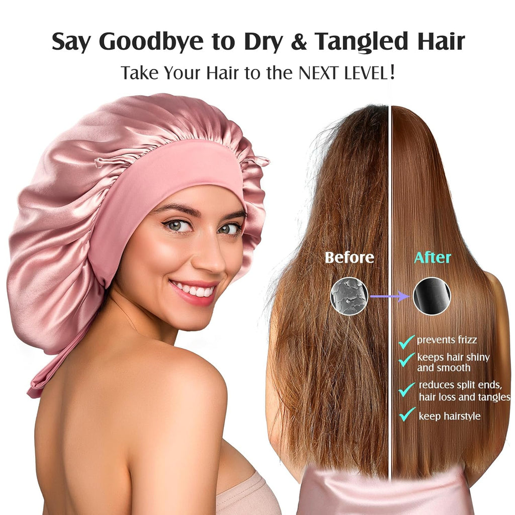100% 22 Momme Mulberry Silk Bonnet for Sleeping Women, Larger Double Layer Silk Hair Wrap for Curly Short Long Hair, Non-Slip Sleep Cap Turban with Elastic Tie Band for Hair Care, Pink