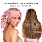 100% 22 Momme Mulberry Silk Bonnet for Sleeping Women, Larger Double Layer Silk Hair Wrap for Curly Short Long Hair, Non-Slip Sleep Cap Turban with Elastic Tie Band for Hair Care, Pink