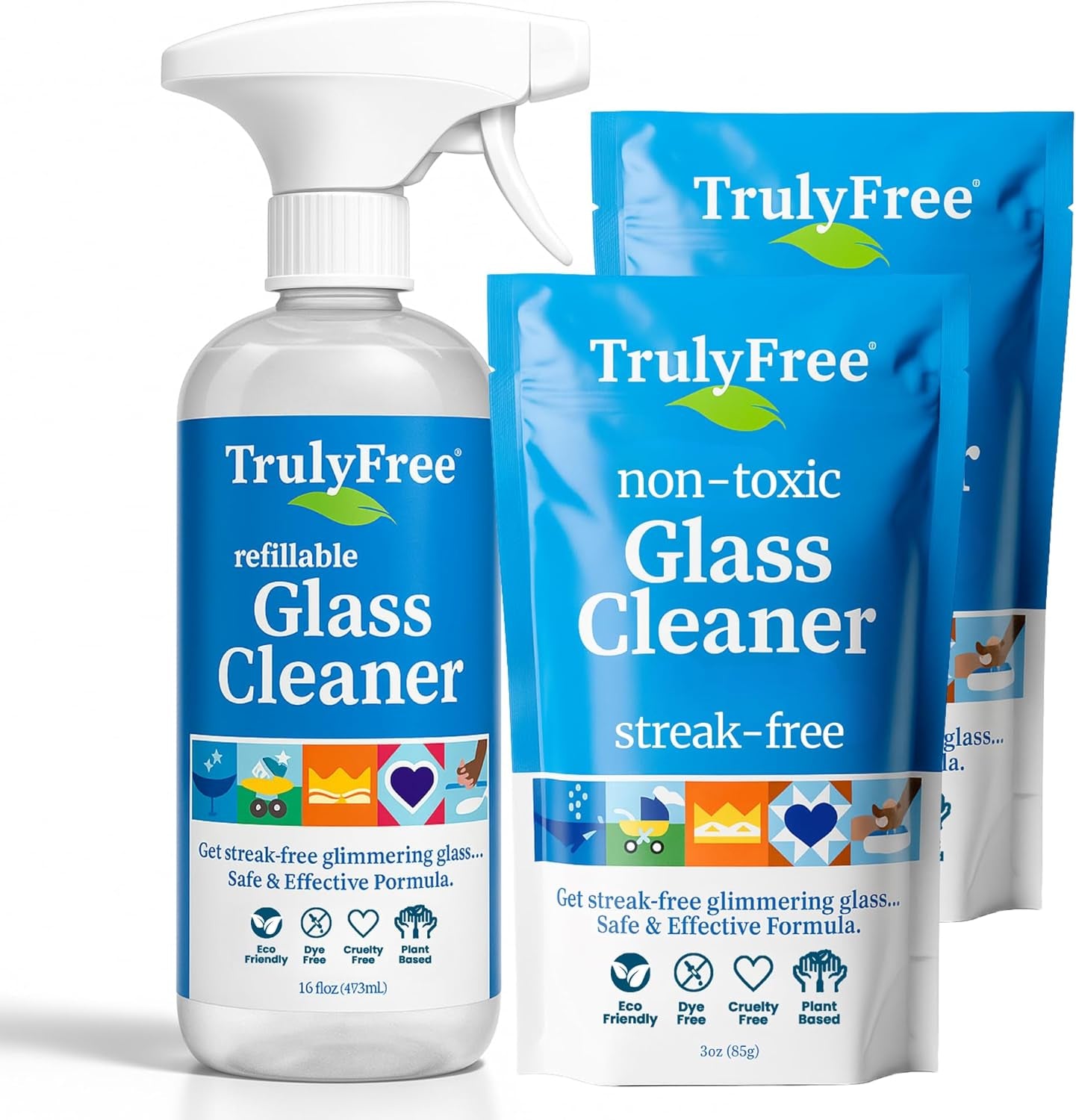 Natural Glass Cleaner Kit - Removes Dirt & Debris for Sparkling Clean Windows & Glass Surfaces at Home, Office & Garage, Includes 16 Oz Reusable Empty Bottle + Two Fills, 3 Oz Ea.
