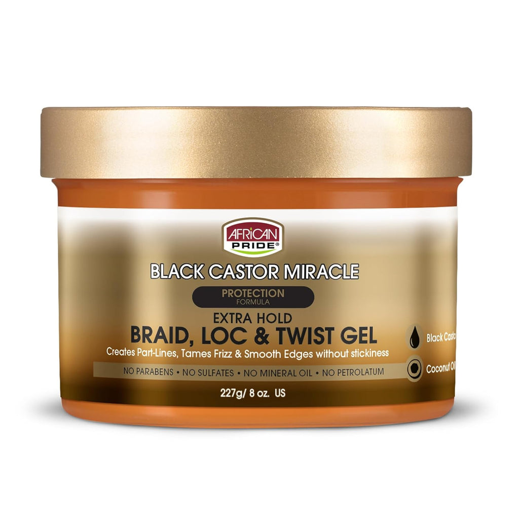 Black Castor Miracle Extra Hold Braid, Loc, Twist Gel - Extreme Hold Braiding Hair Gel, Edge Control & Tames Frizz, No Flake | Natural Ingredients, Coconut Oil | 8Oz