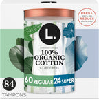 Cotton Tampons Regular/Super Absorbency Multipack, Contains an Organic Cotton Core, Made without Synthetic Pesticides, or Fragrances, 84 Count (2 Packs of 42)
