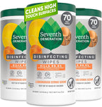 Seventh Generation Disinfecting Wipes, Lemongrass Citrus, 70 Count, 3 Pack, Botanical Multi-Surface Cleaner Kills 99.9% Germs, No Bleach, Plant-Based Formula for Home, Kitchen, Bathroom, Car Interior