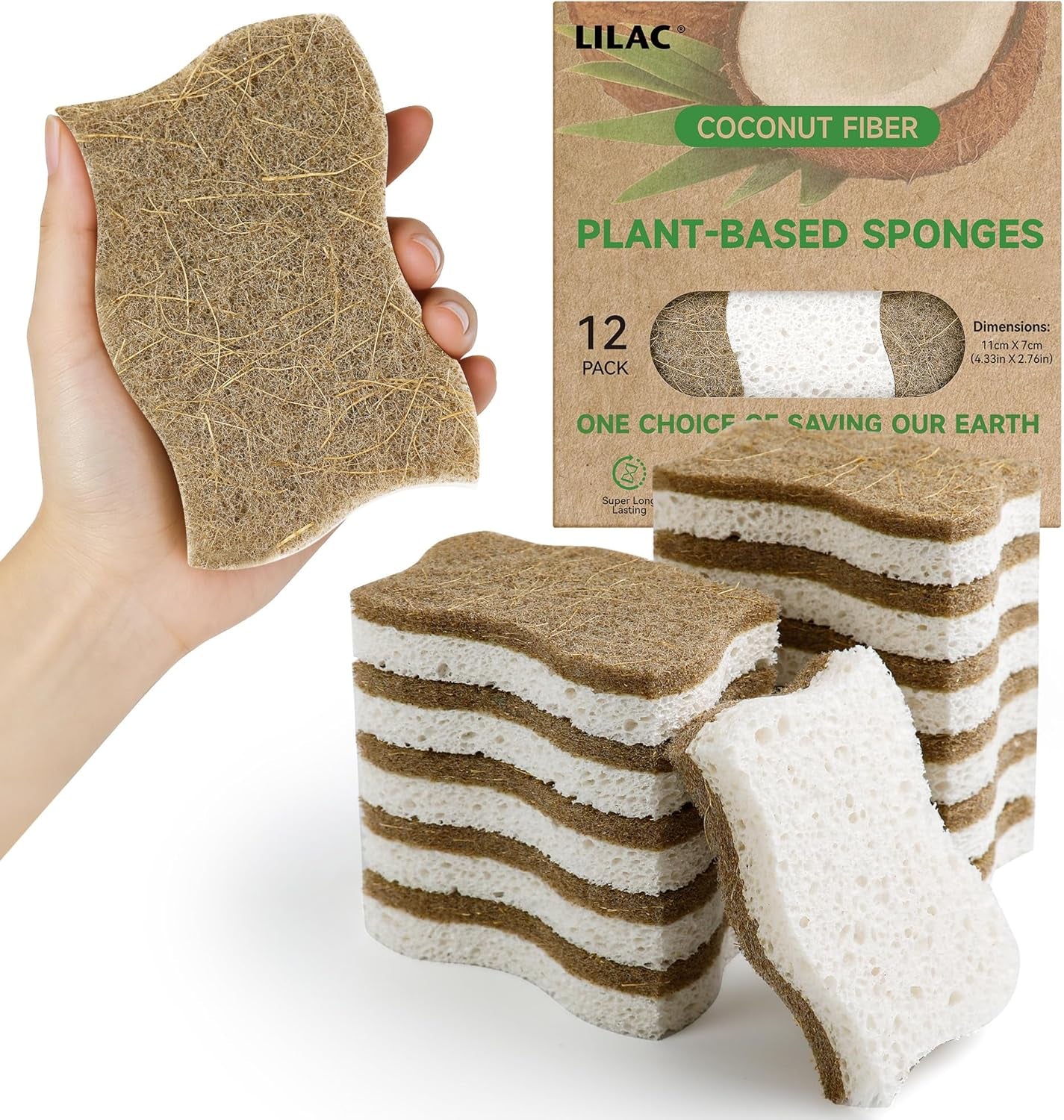 12 Pack Natural Cellulose Sponges for Dishes - Non-Scratch Kitchen Scrub Sponges - 100% Biodegradable & Eco-Friendly Cleaning Sponges for Non-Stick Cookware, Bathroom & Household
