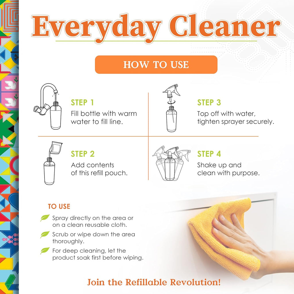 Everyday Cleaner Kit - Multipurpose Cleaner Spray, Kitchen Counter Cleaner, Natural Cleaning Products, Multi-Surface Household Solution, 16 Oz Reusable Empty Bottle + Two Fills, 3 Oz Ea.