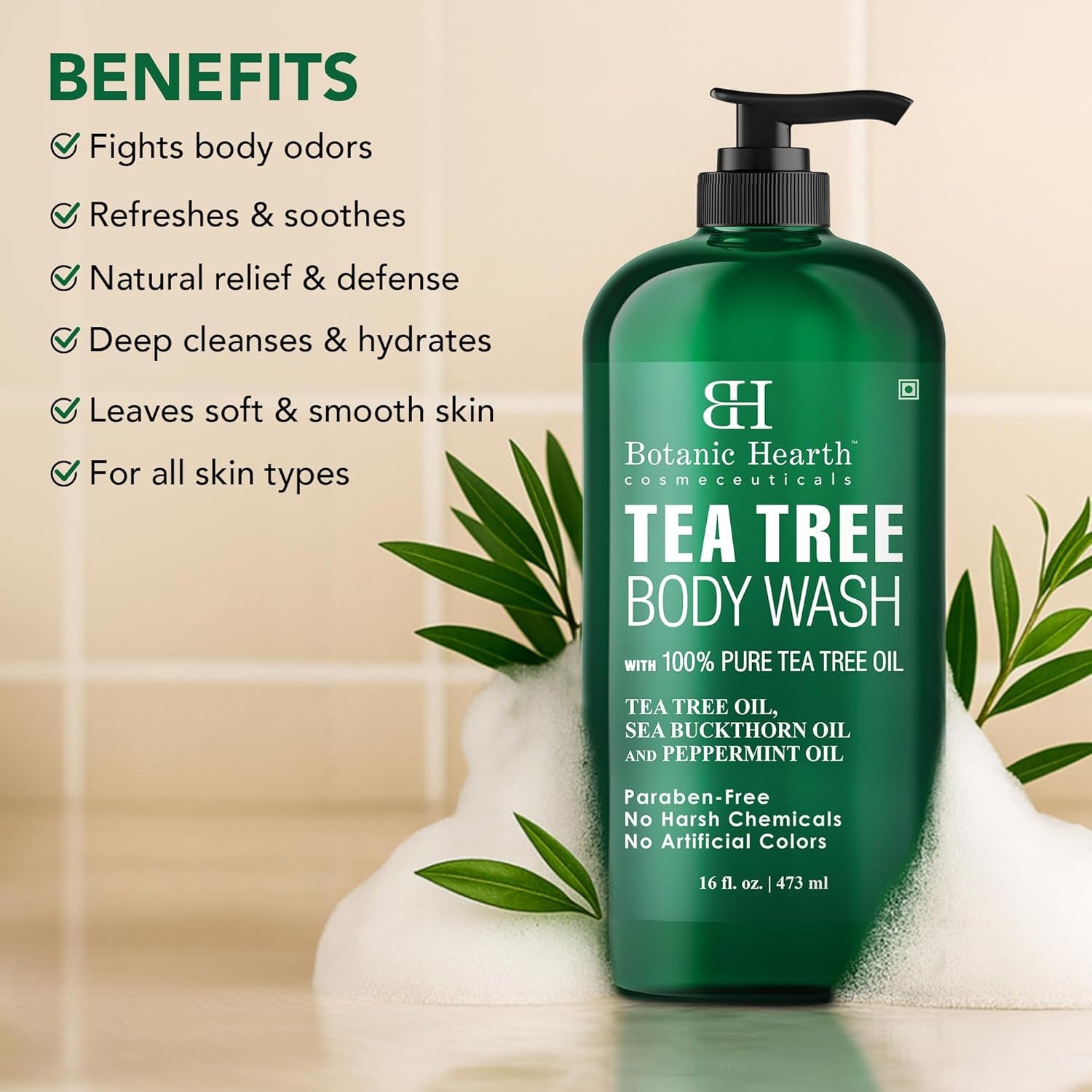 Tea Tree Body Wash -16 Fl Oz- All-Natural & Odor-Control Shower Gel for Acne, Athlete’S Foot, Ringworm, Jock Itch & Healthy Skin, Sulfate & Paraben Free, for Men & Women