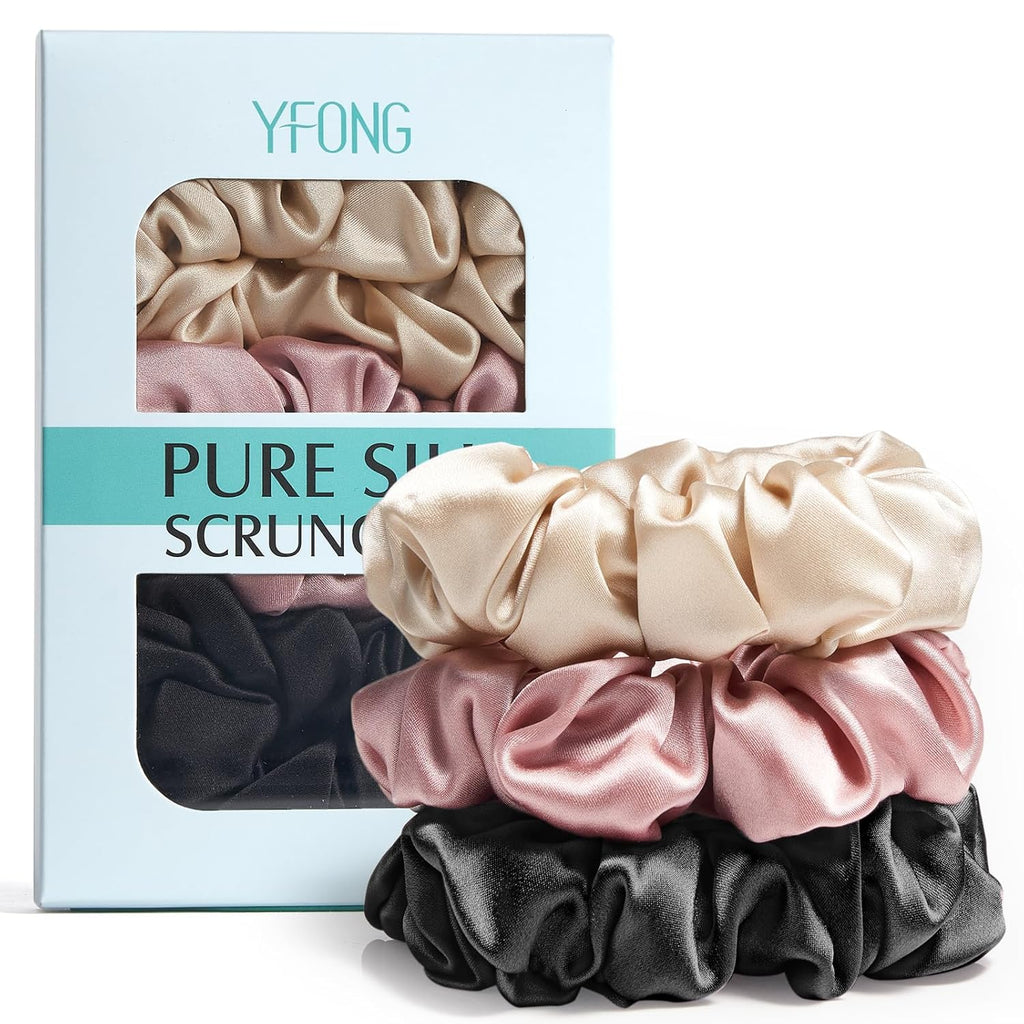 3 PCS 100% Mulberry Silk Scrunchies for Women Girls, 22 Momme Soft Hair Ties for Frizz & Breakage Prevention, Elastic Ponytail Holders Gentle and No Hurt, (Pink+Black+Champagne)