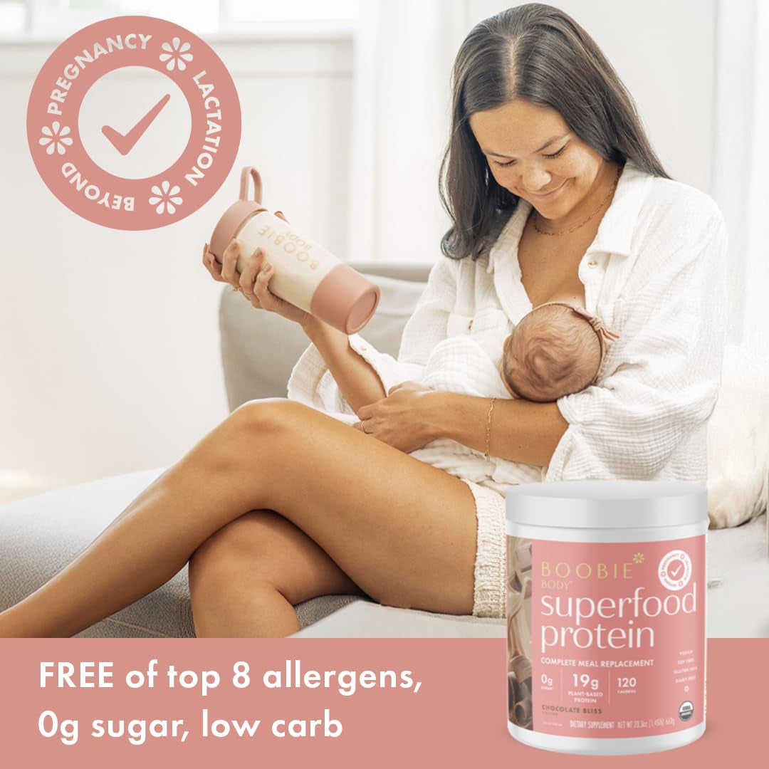 Boobie Body Superfood Protein Pregnancy and Postpartum Meal Replacement Shake, Chocolate Bliss Flavor | 19G Protein | Safe for Lactation & Motherhood | Organic, Vegan, Zero Sugar, 1 Tub (20 Servings)