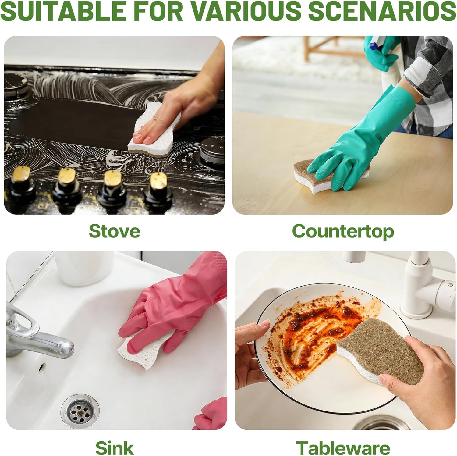 12 Pack Natural Cellulose Sponges for Dishes - Non-Scratch Kitchen Scrub Sponges - 100% Biodegradable & Eco-Friendly Cleaning Sponges for Non-Stick Cookware, Bathroom & Household