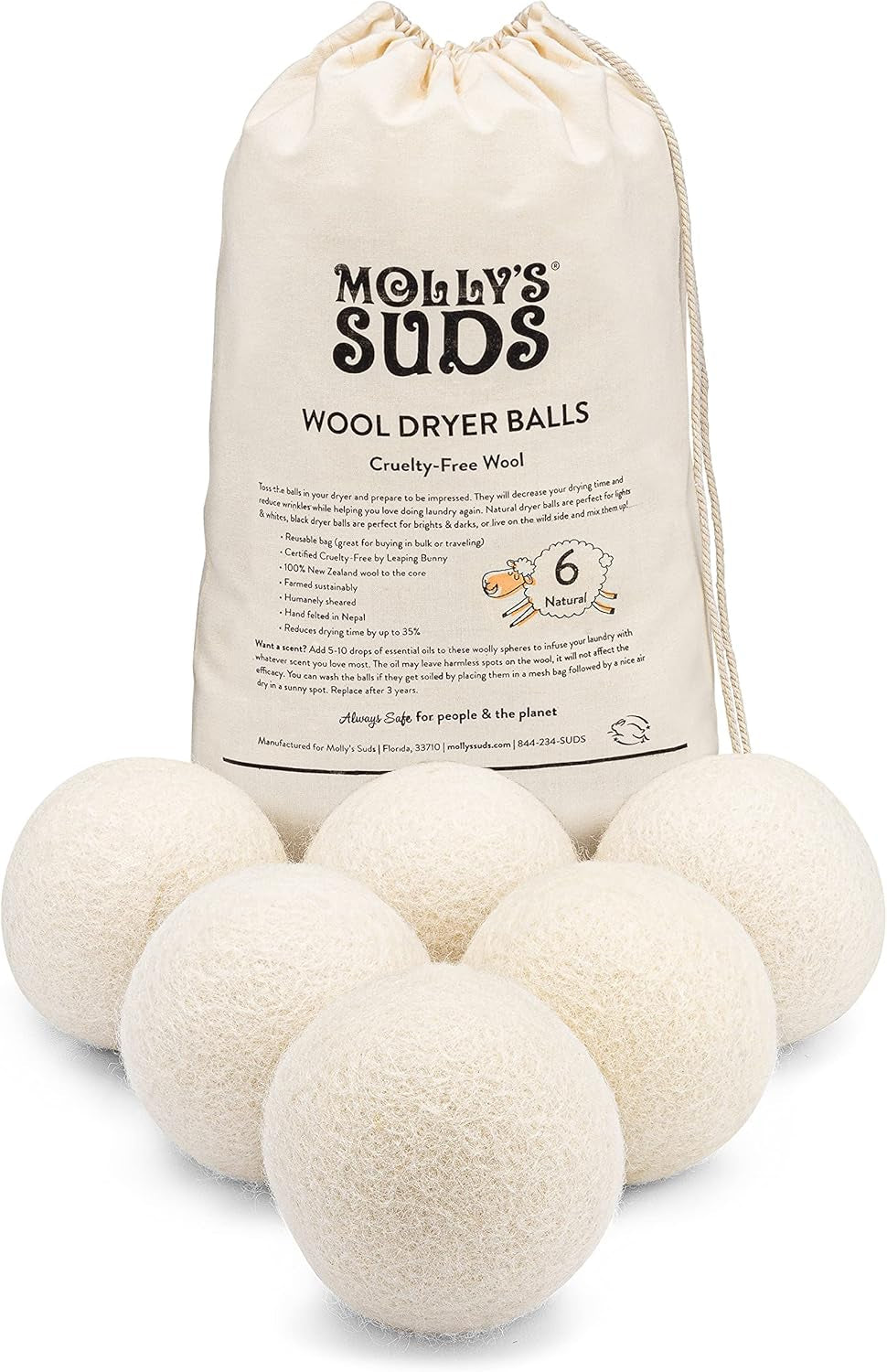 Wool Dryer Balls | XL, Premium Organic Fabric Softener, Hypoallergenic, Hand-Felted, Reusable, Reduce Drying Time | White, Set of 6