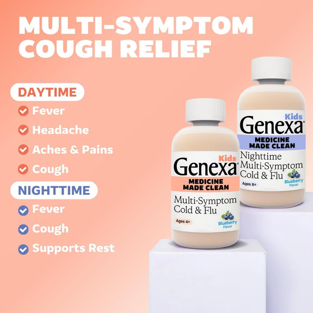 Kids' Clean Cold & Flu Relief Day/Night Multi-Symptom, Dye Free, 0% Artificial Additives, Children'S Liquid Pain, Fever & Cough Medicine, Ages 4-11, Organic Blueberry Flavor, 8 Fl Oz (2 Pack)