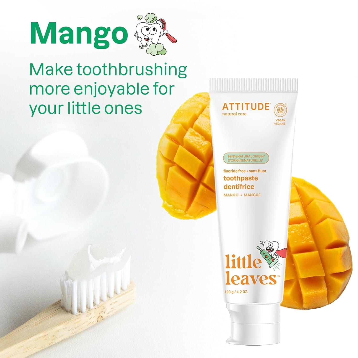 Kids Fluoride-Free Toothpaste, EWG Verified, Plant- and Mineral-Based Ingredients, Vegan, Sugar-Free, Mango, 4.2 Oz