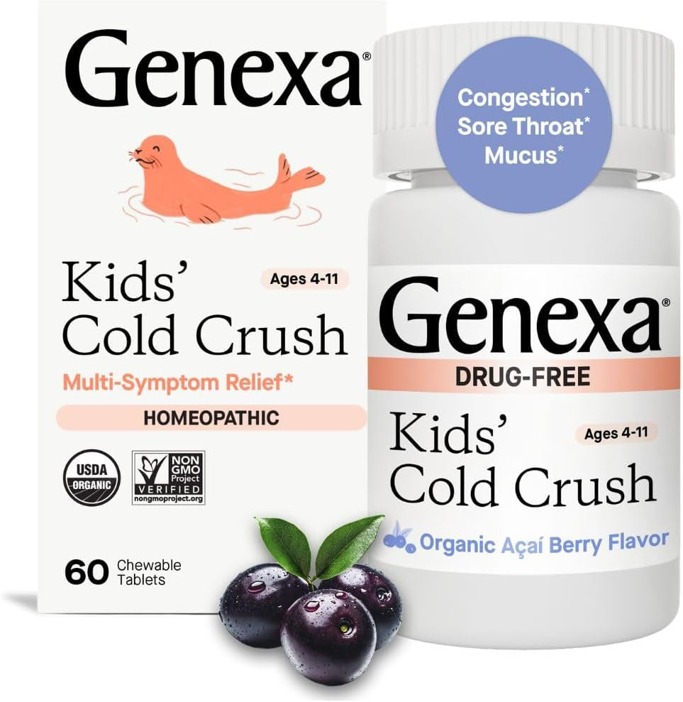 Kids Cold Crush | Multi-Symptom Cough & Cold, Sore Throat, Congestion Relief for Children | Acai Berry Flavor | Organic & Non-Gmo | Homeopathic Remedy Made Clean | 60 Chewable Tablets Age 4-11​