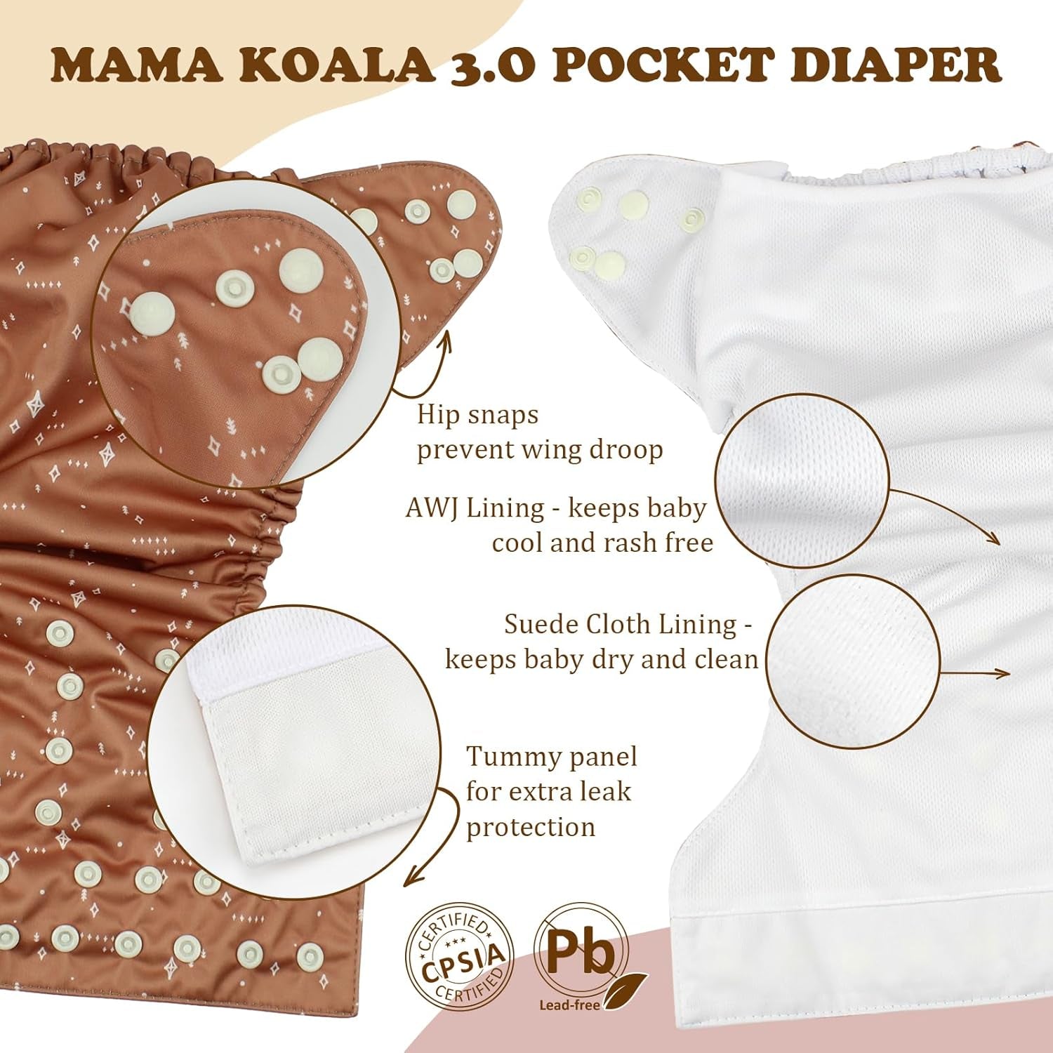 3.0 Pocket Cloth Diapers for Babies with Suede Cloth Lining, 6 Pack with 6 4-Layer Natural Diaper Inserts - Reusable and Washable Pocket Diapers (Simply Neutral)